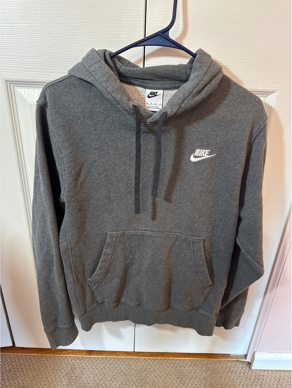 Nike Gray Pullover Hoodie with Front Pocket and White Logo - XS